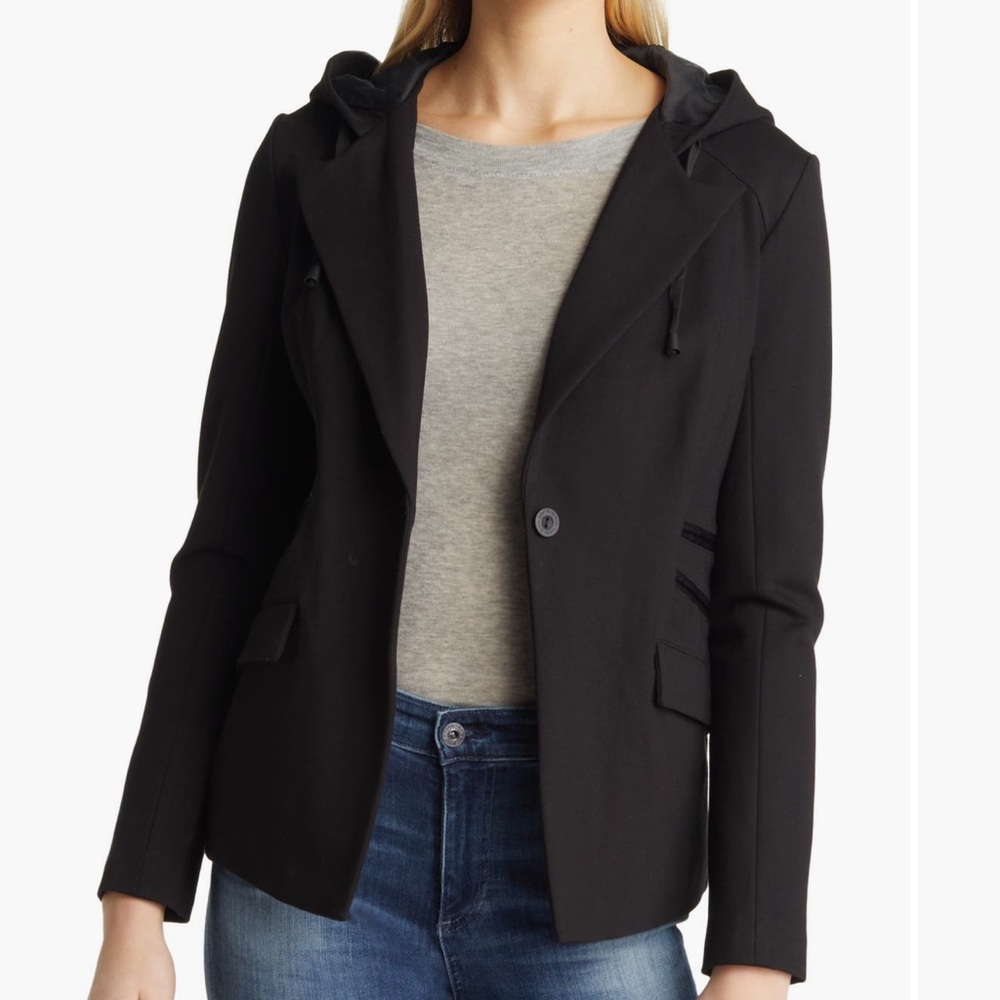 Blanc Noir Gayatri Viscose Blend One Button Hooded Blazer
